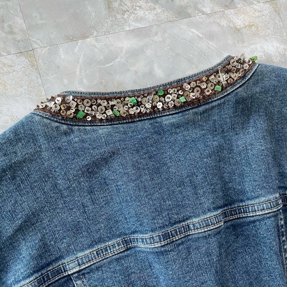 Tahari Embellished Bead Sequin Neckline Denim Jacket - Picture 6 of 8